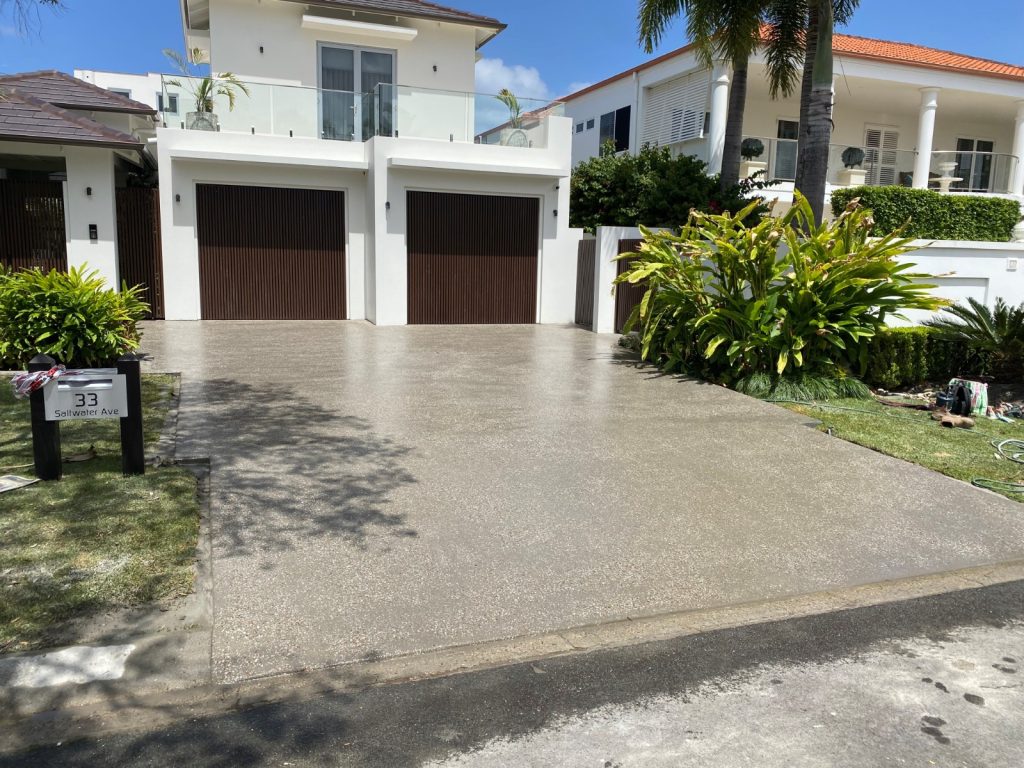 Exposed aggregate concrete driveway completed for a Sunshine Coast residential home